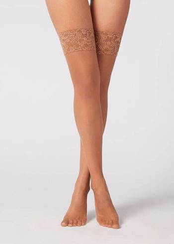 Calzedonia 8 Denier Ultra Sheer Thigh-Highs Donna Calze Autoreggenti Beige Marroni | IT1254OR