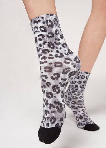 Calzedonia Animal Print Corta Donna Calzini Argento | IT2336HK