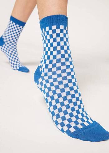 Calzedonia Checkered Pattern Corta Donna Calzini Blu | IT2365DN