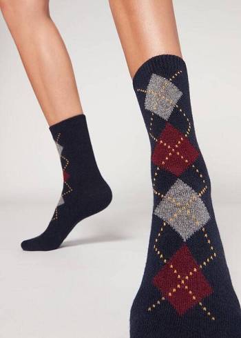 Calzedonia Diamond-Pattern Cashmere Corta Donna Calzini Blu Rosse | IT2412KI