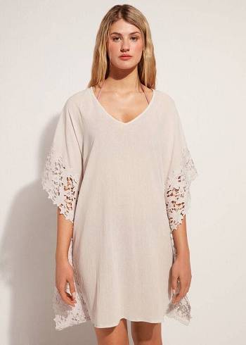 Calzedonia Floral Macramé Pizzo Caftan Donna Cover Ups Beige | IT2081RW