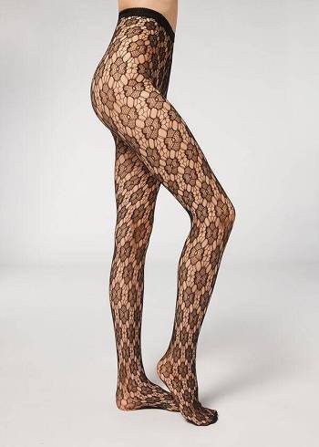 Calzedonia Floral-Motif Fishnet Patterned Donna Collant Nere | IT1101SO