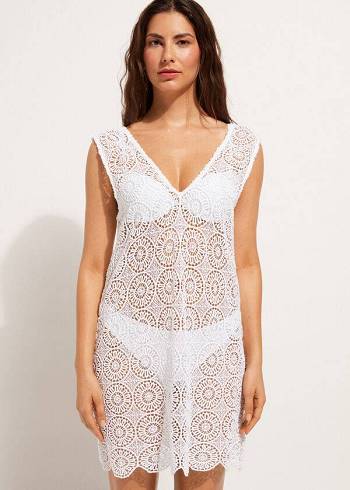 Calzedonia Geometric Crochet Vestito Donna Cover Ups Bianche | IT2083YU