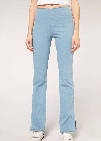 Calzedonia High-Vita Flared in Denim with Slits Donna Leggings Blu | IT2660VD