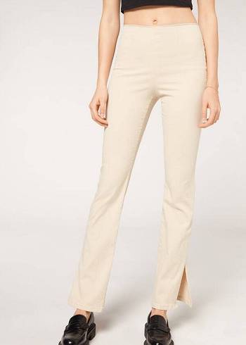 Calzedonia High-Vita Flared in Denim with Slits Donna Leggings Marroni Beige | IT2661CE