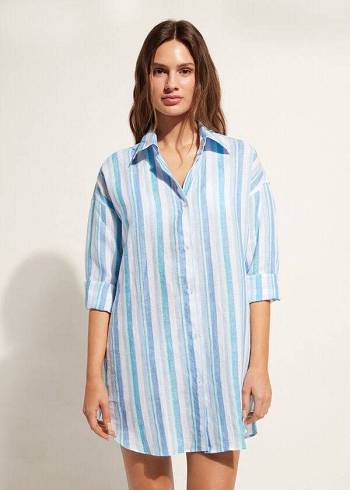 Calzedonia Linen Shirt Donna Cover Ups Blu Bianche | IT2090DN