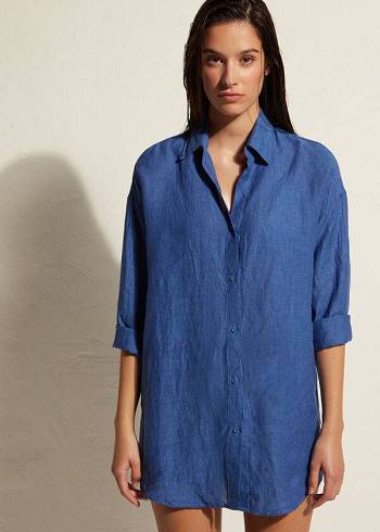 Calzedonia Linen Shirt Donna Cover Ups Blu | IT2091FM