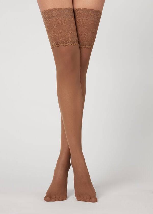 Calzedonia 20 Denier Opaque Thigh-Highs Donna Calze Autoreggenti Khaki | IT1239ZG