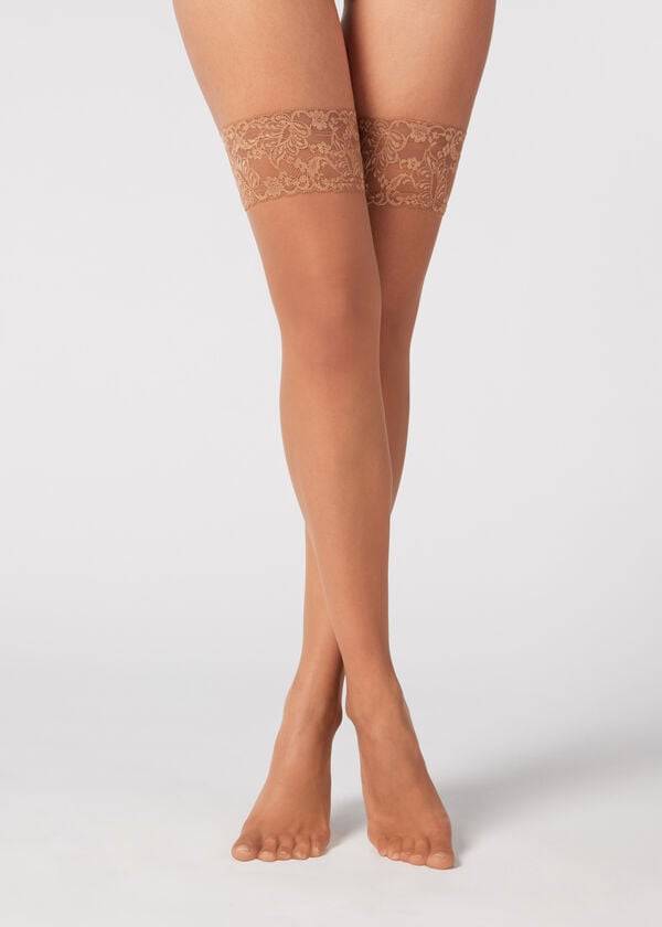 Calzedonia 8 Denier Ultra Sheer Thigh-Highs Donna Calze Autoreggenti Beige Marroni | IT1254OR