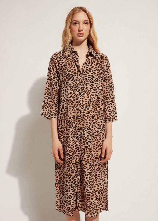 Calzedonia Animal Patterned Midi Shirt Donna Cover Ups Marroni | IT2067HK