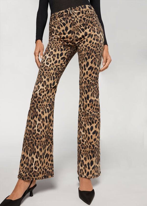 Calzedonia Animal Print Flared Donna Jeans Marroni | IT2561NB