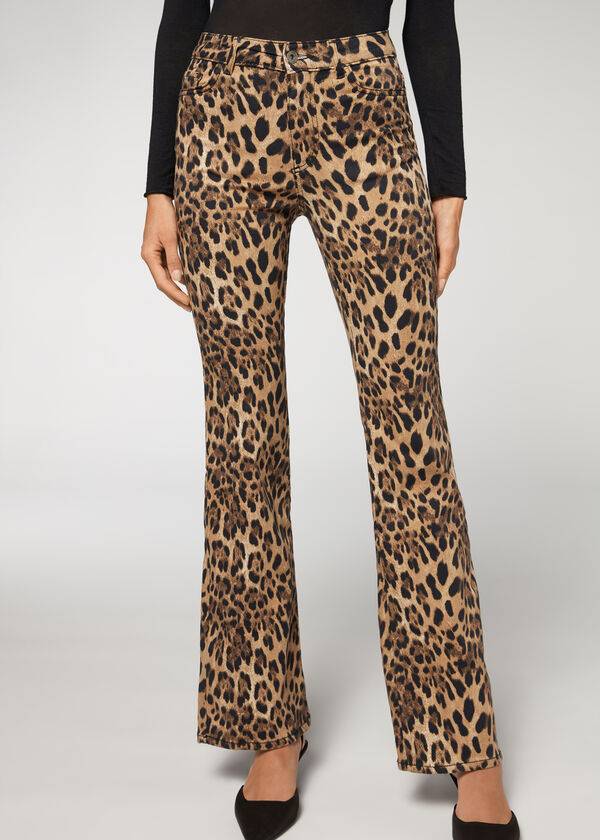 Calzedonia Animal Print Flared Donna Jeans Marroni | IT2561NB