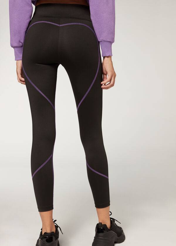 Calzedonia Contrast Seam Performance Ginnastica Donna Leggings Nere Viola | IT2635RW