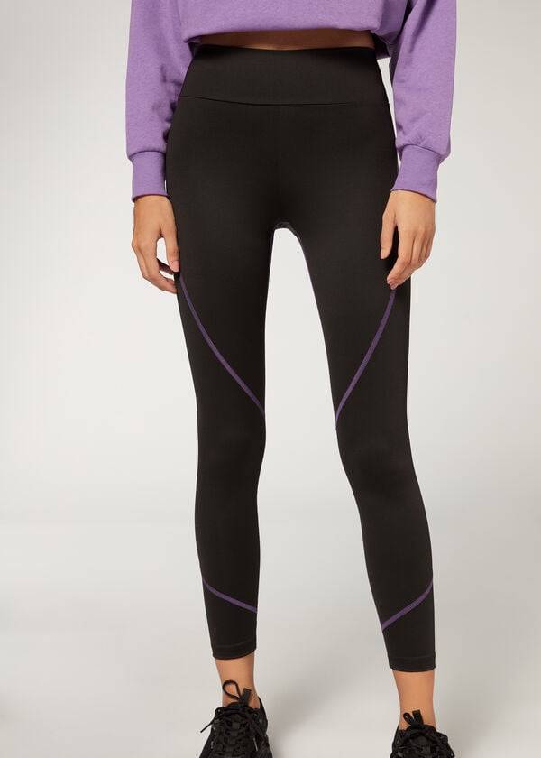 Calzedonia Contrast Seam Performance Ginnastica Donna Leggings Nere Viola | IT2635RW