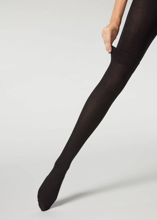 Calzedonia Costine Longuette Effect with Cashmere Patterned Donna Collant Nere | IT1125PQ