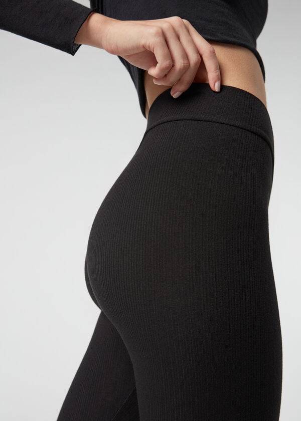 Calzedonia Costine with Cashmere Donna Leggings Nere | IT2675IS