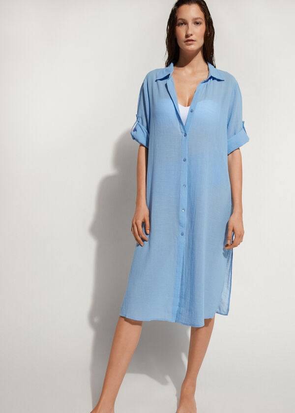 Calzedonia Cotone Maxi Shirt Donna Cover Ups Blu | IT2069KI