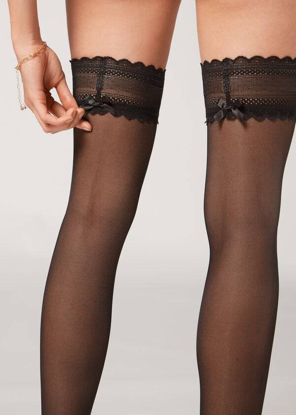 Calzedonia Crochet 40 Denier Sheer Thigh Highs Donna Calze Autoreggenti Nere | IT1262JJ