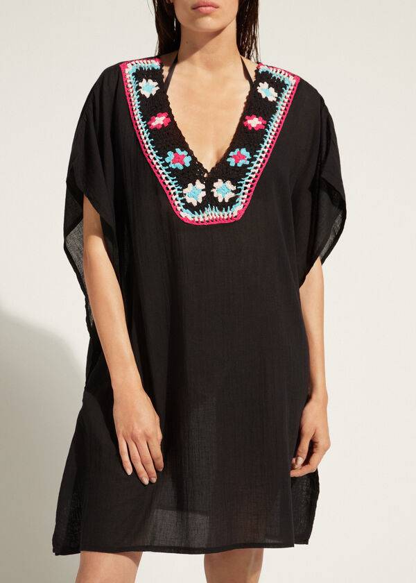 Calzedonia Crochet Neckline Kaftan Donna Cover Ups Nere | IT2074VD