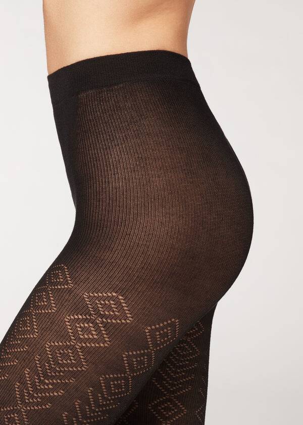 Calzedonia Diamond Pattern with Cashmere Patterned Donna Collant Nere | IT1093RW