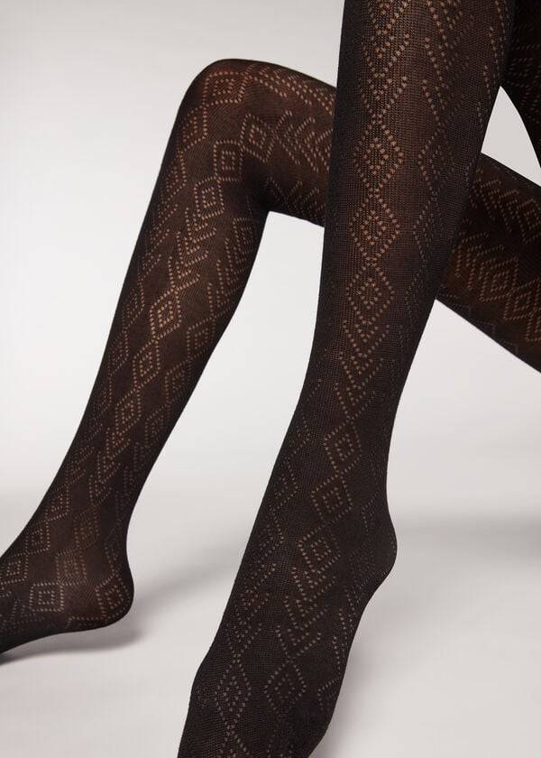 Calzedonia Diamond Pattern with Cashmere Patterned Donna Collant Nere | IT1093RW