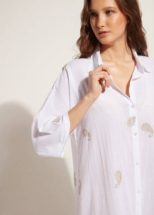 Calzedonia Embroidered Paisley Lamé Midi Shirt Donna Cover Ups Bianche | IT2079WY