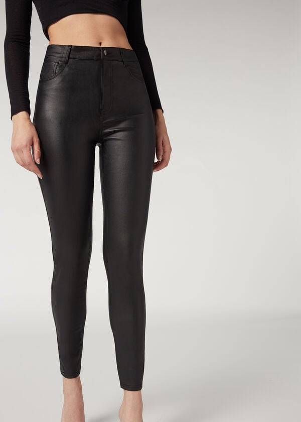 Calzedonia Faux Pelle Magro Donna Leggings Nere | IT2643FM