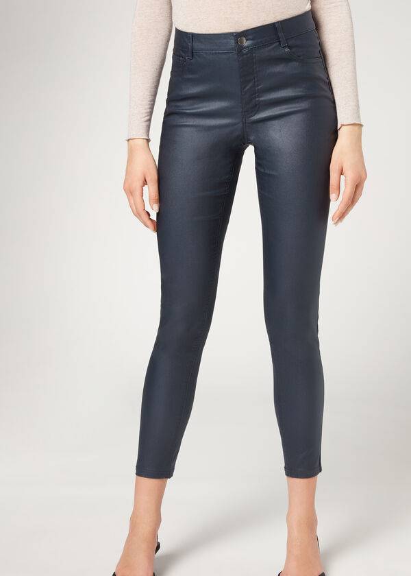 Calzedonia Faux Pelle Magro Donna Leggings Blu Marino | IT2644DN