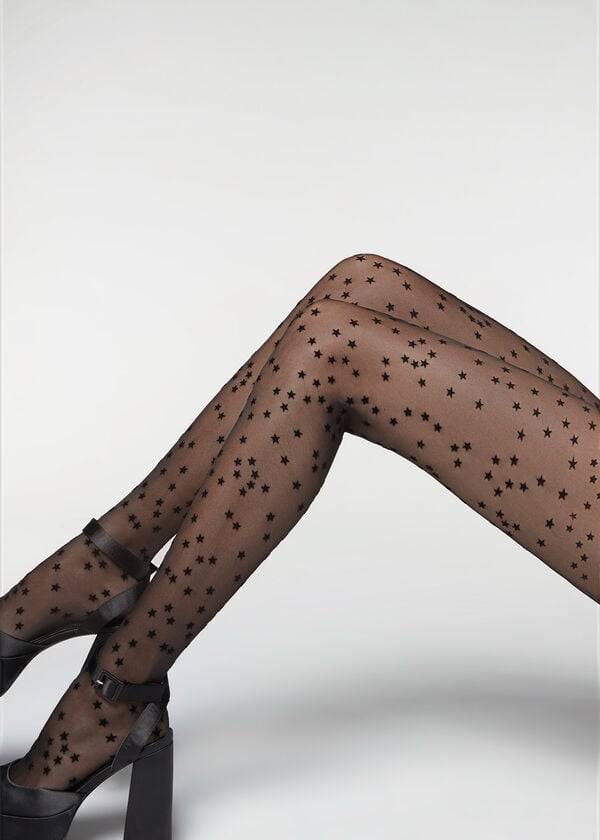 Calzedonia Flocked Stars 30 Denier Sheer Donna Collant Nere | IT1224TV