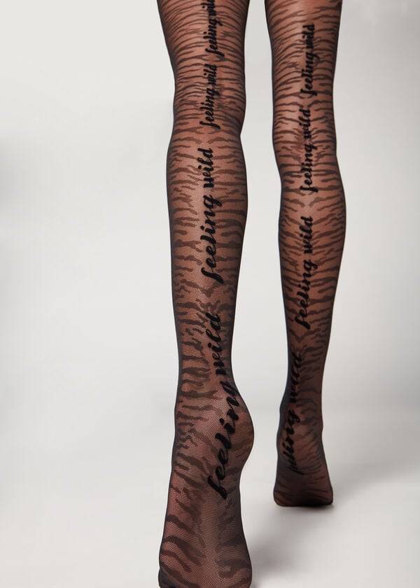 Calzedonia Flocked Tiger Text 50 Denier Patterned Donna Collant Nere | IT1097IS