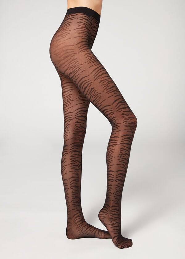 Calzedonia Flocked Tiger Text 50 Denier Patterned Donna Collant Nere | IT1097IS