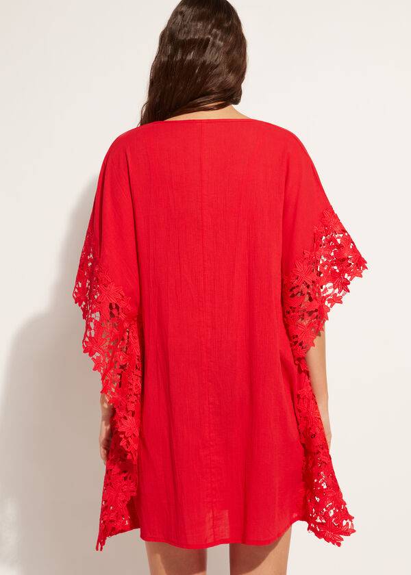 Calzedonia Floral Macramé Pizzo Caftan Donna Cover Ups Rosse | IT2080EX