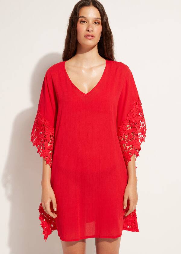 Calzedonia Floral Macramé Pizzo Caftan Donna Cover Ups Rosse | IT2080EX