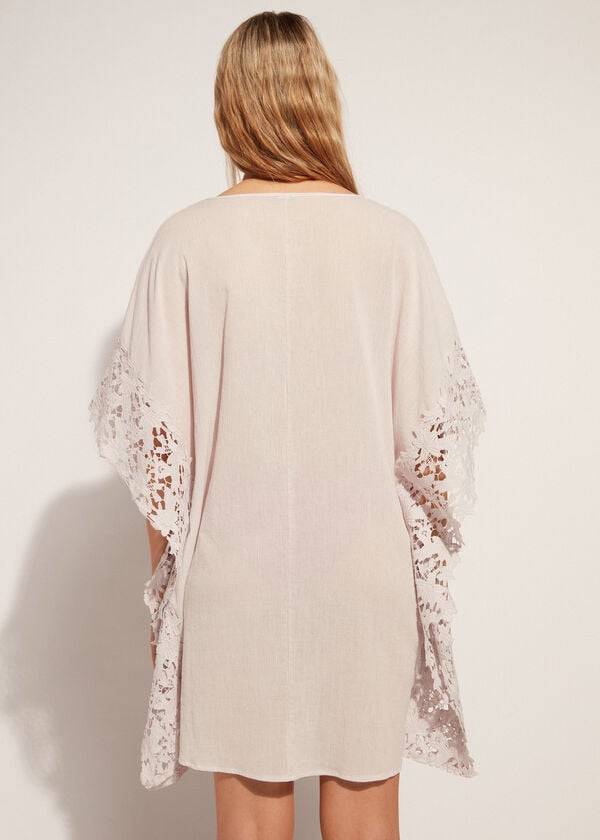 Calzedonia Floral Macramé Pizzo Caftan Donna Cover Ups Beige | IT2081RW