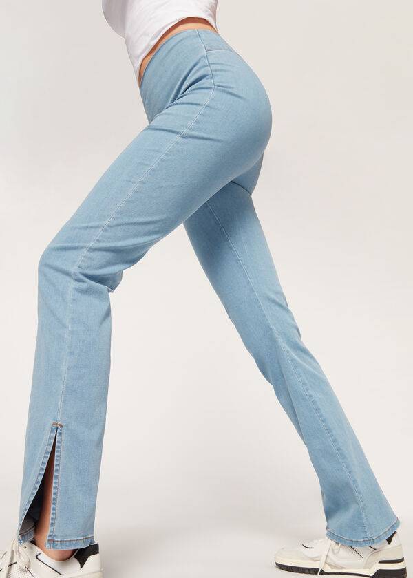 Calzedonia High-Vita Flared in Denim with Slits Donna Leggings Blu | IT2660VD