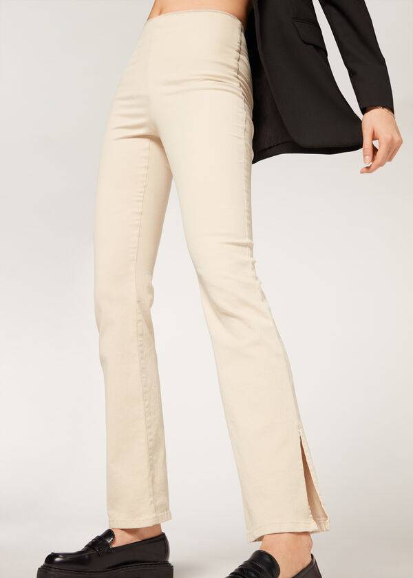 Calzedonia High-Vita Flared in Denim with Slits Donna Leggings Marroni Beige | IT2661CE