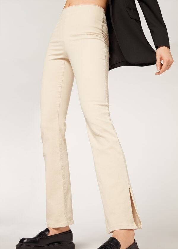 Calzedonia High-Vita Flared in Denim with Slits Donna Pantaloni Marroni Beige | IT2732CE