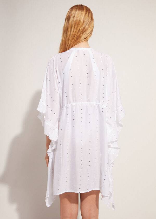 Calzedonia Kimono Caftan with Sangallo Pizzo and Sequins Donna Cover Ups Bianche | IT2085IS