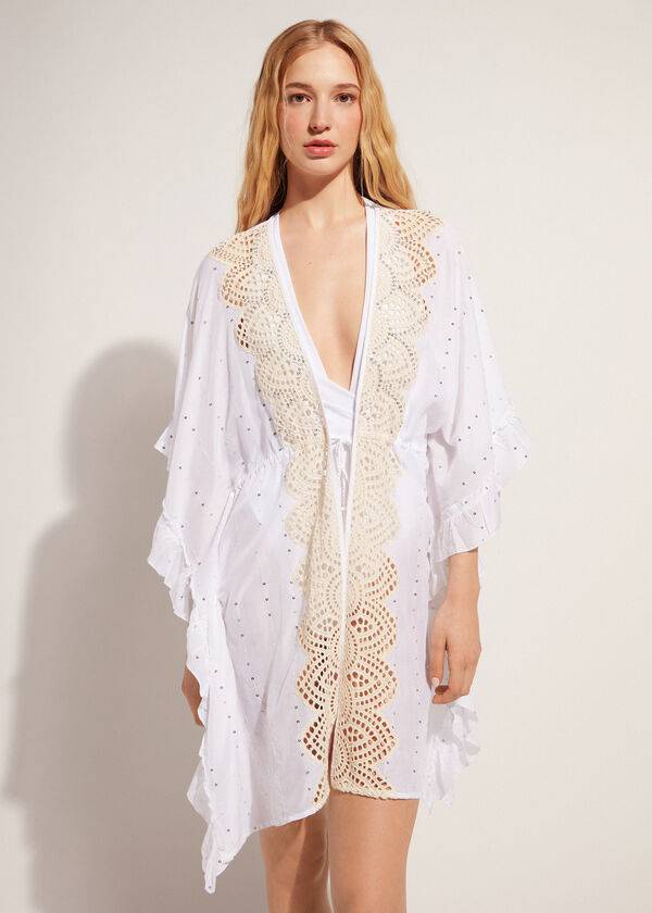 Calzedonia Kimono Caftan with Sangallo Pizzo and Sequins Donna Cover Ups Bianche | IT2085IS