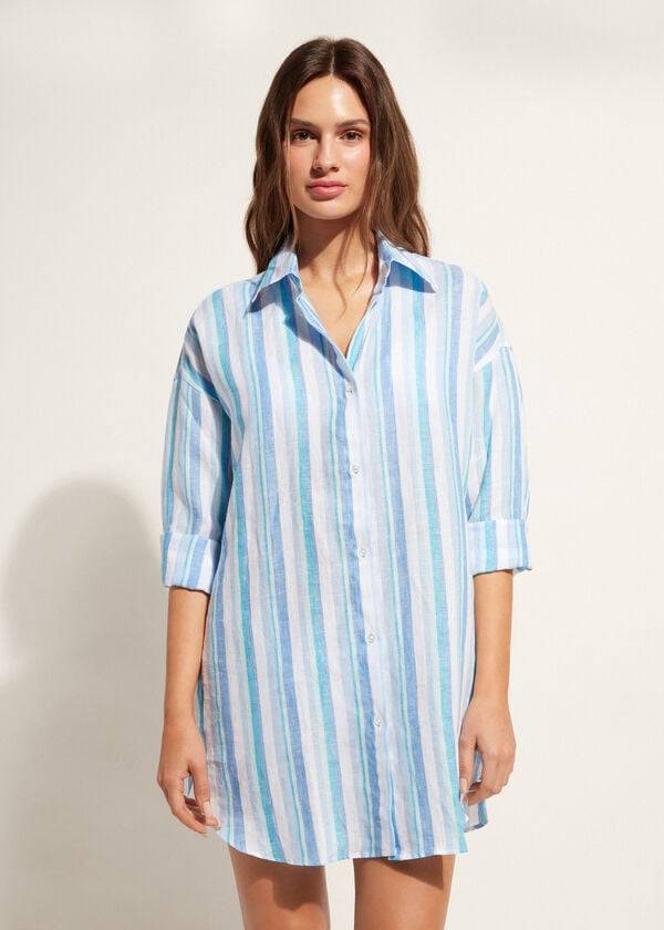 Calzedonia Linen Shirt Donna Cover Ups Blu Bianche | IT2090DN