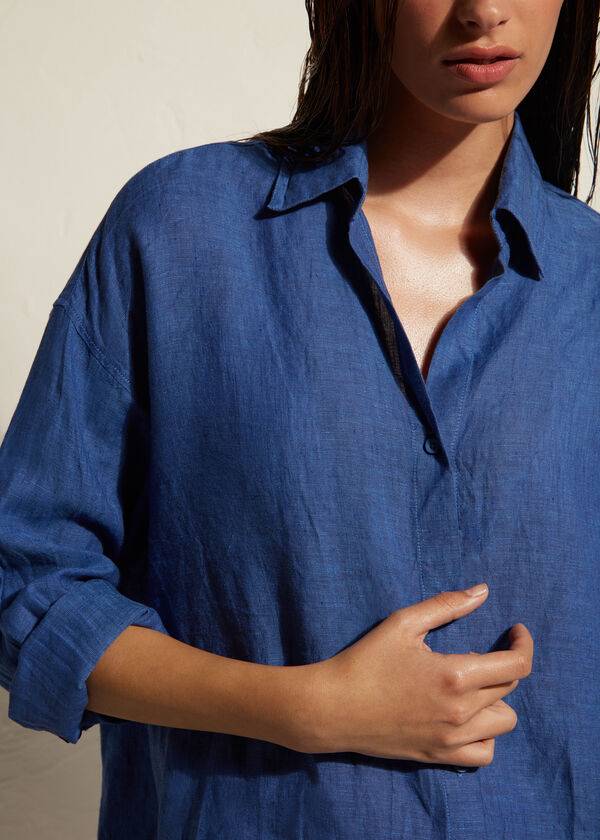 Calzedonia Linen Shirt Donna Cover Ups Blu | IT2091FM