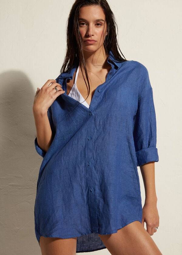 Calzedonia Linen Shirt Donna Cover Ups Blu | IT2091FM