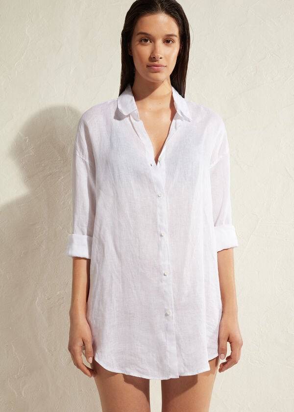 Calzedonia Linen Shirt Donna Cover Ups Bianche | IT2093HK