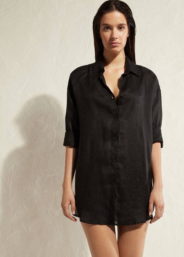 Calzedonia Linen Shirt Donna Cover Ups Nere | IT2092GL