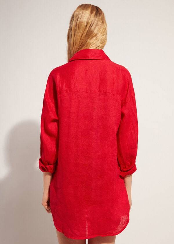 Calzedonia Linen Shirt Donna Cover Ups Rosse | IT2095KI