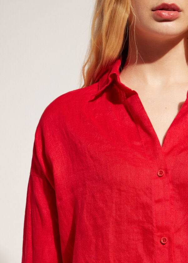 Calzedonia Linen Shirt Donna Cover Ups Rosse | IT2095KI