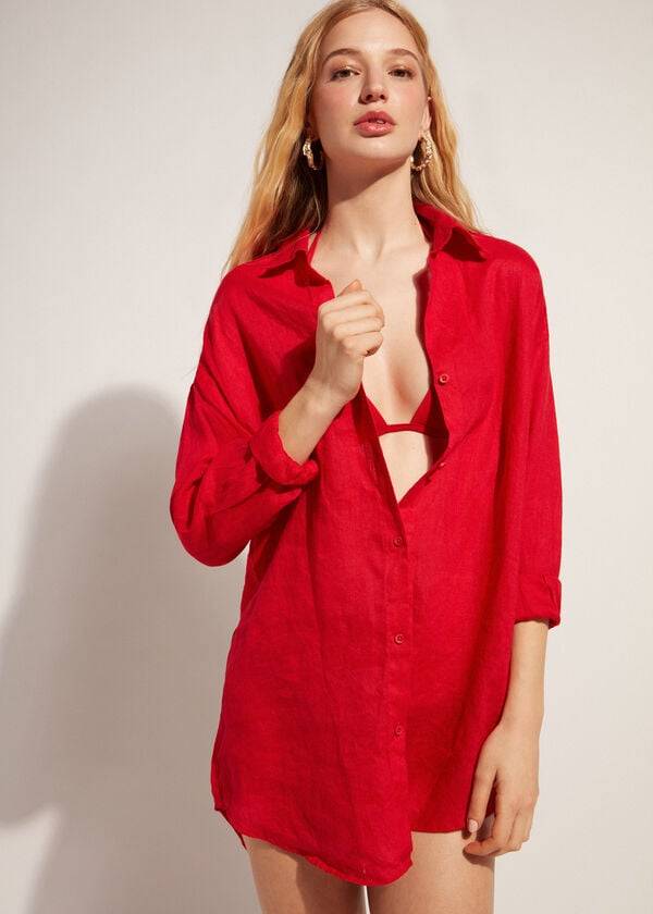 Calzedonia Linen Shirt Donna Cover Ups Rosse | IT2095KI