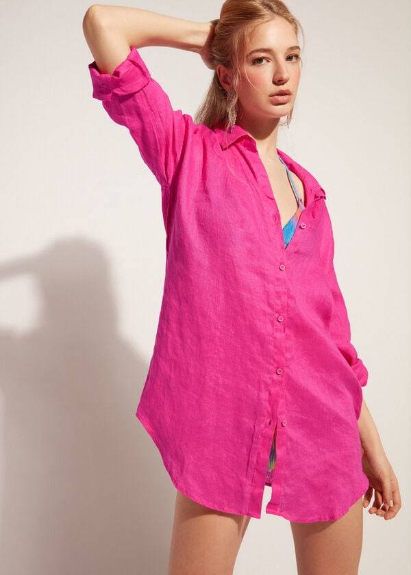 Calzedonia Linen Shirt Donna Cover Ups Rosa | IT2096LH