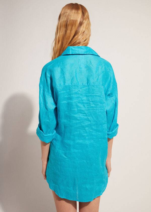 Calzedonia Linen Shirt Donna Cover Ups Verde Acqua Verdi | IT2094JJ