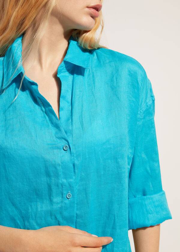 Calzedonia Linen Shirt Donna Cover Ups Verde Acqua Verdi | IT2094JJ